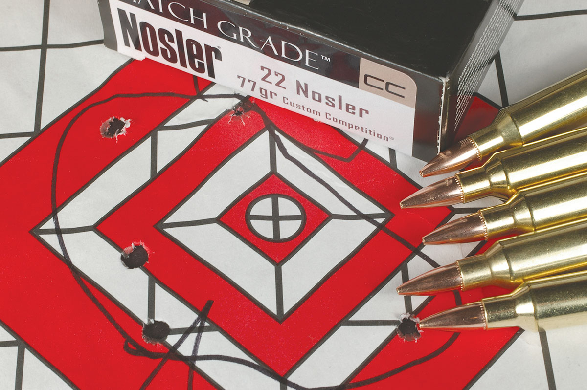 Nosler Match Grade 22 Nosler cartridges loaded with 77-grain Custom Competition bullets produced this group at 300 yards.